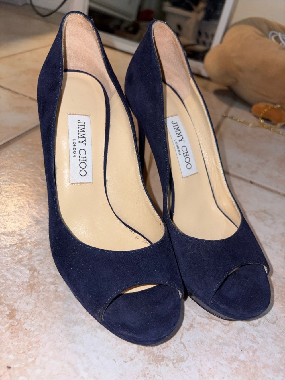 Jimmy Choo Navy Suede Peep-Toe Heels
